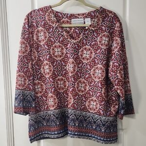 Alfred Dunner Women's Red and Navy Arabesque Burnout Blouse - Petite XL